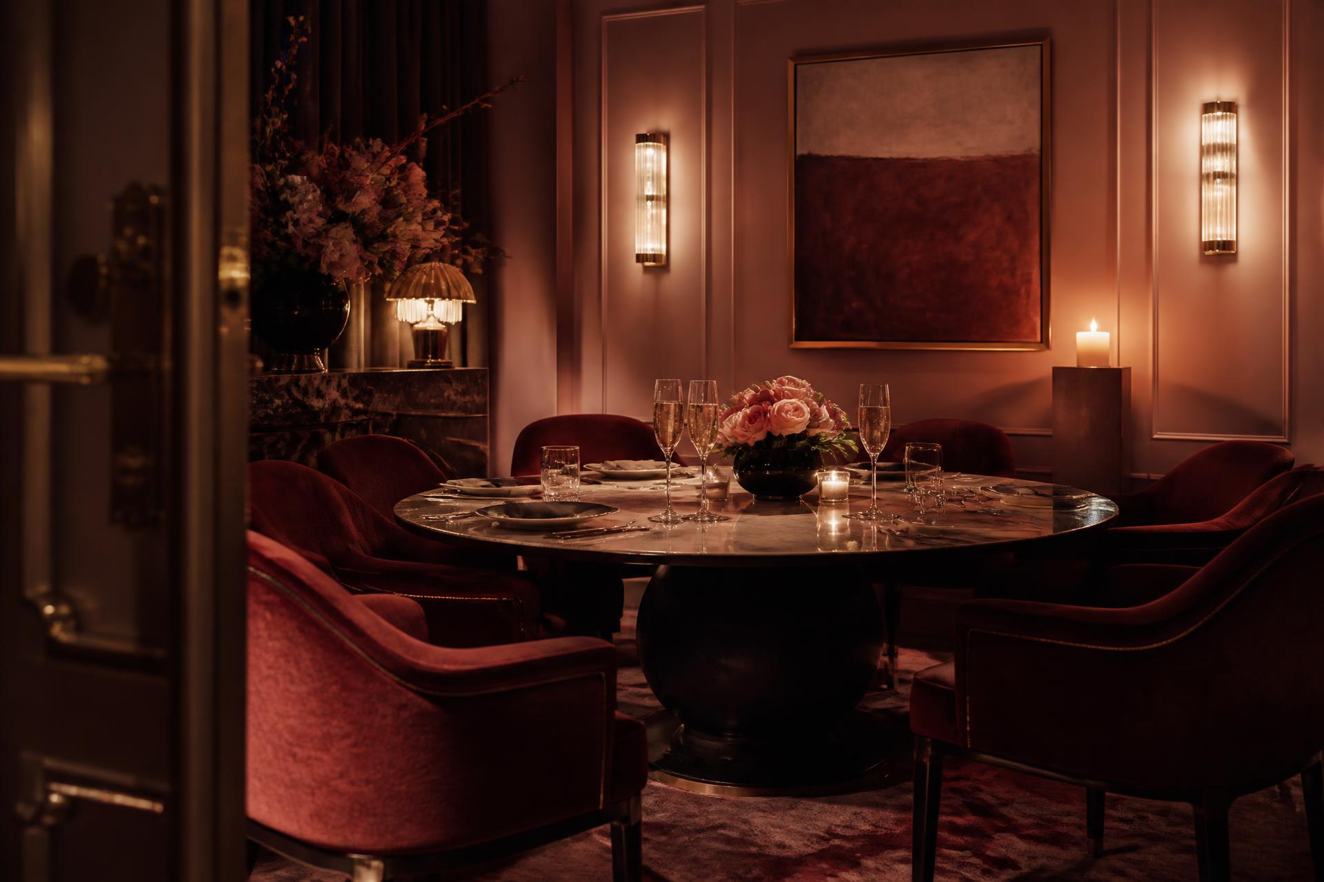 A candlelit private dining room set for two