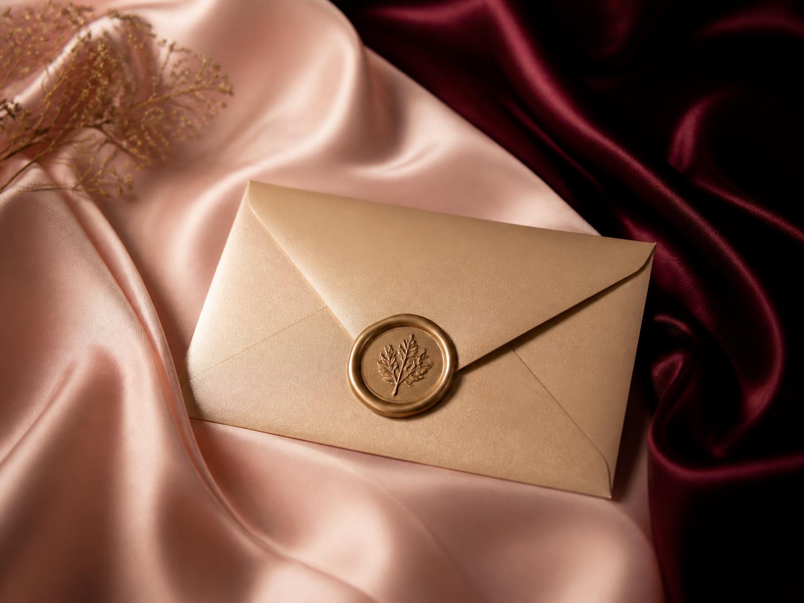 A sealed gold envelope resting on blush and wine silk